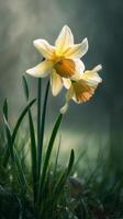 Beautiful Daffodils Blooming in a Misty Garden During Early Morning Light photo