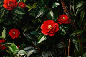 Camellia Flowers Bloom in a Lush Garden During Early Spring Mornings. photo