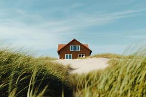 Cozy Wooden House Surrounded by Tall Grass on a Sandy Dune Under a Clear Blue Sky photo