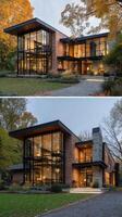 Modern House With Large Windows Surrounded by Autumn Foliage in a Peaceful Setting. photo