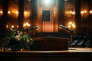 Historic Venue Prepares for Political Speech With Microphones and American Flag in Background photo