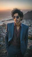 Stylish Man in Suit Enjoying Sunset View Over City and Ocean From Mountain Peak. photo
