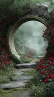 Mysterious Garden With Stone Archway Surrounded by Blooming Roses and Misty Atmosphere photo