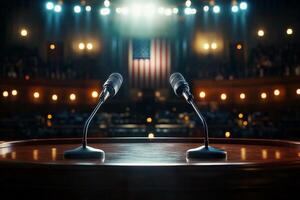 Historic Venue Prepares for Political Speech With Microphones and American Flag in Background. photo