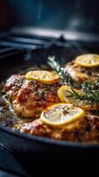 Grilled Chicken Breasts With Lemon Slices and Herbs in a Pan Over a Stovetop photo
