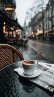Enjoying Coffee on a Rainy Day in a Charming Outdoor Cafe. photo