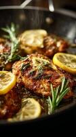 Grilled Chicken Breasts With Lemon Slices and Herbs in a Pan Over a Stovetop. photo