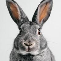 Cute Grey Rabbit With Big Ears Looking Directly at the Camera in a Studio Setting photo
