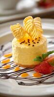 Savory Dessert Featuring Creamy Cheesecake With Mango and Wafer Garnishes Presented in Bright Colors. photo