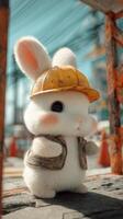 Cute Rabbit Construction Worker Wearing a Hard Hat in a Bustling City Environment During the Day photo