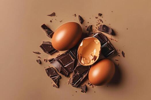 Chocolate Eggs and Broken Shell on a Brown Surface With Chunks of Dark Chocolate Around photo