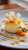 Savory Dessert Featuring Creamy Cheesecake With Mango and Wafer Garnishes Presented in Bright Colors photo