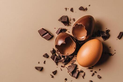 Chocolate Eggs and Broken Shell on a Brown Surface With Chunks of Dark Chocolate Around. photo
