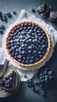 Fresh Blueberry Tart With Creamy Filling Displayed on a White Plate Surrounded by Scattered Blueberries photo