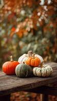 Colorful Pumpkins on Wooden Table Surrounded by Autumn Leaves in the Afternoon Light photo