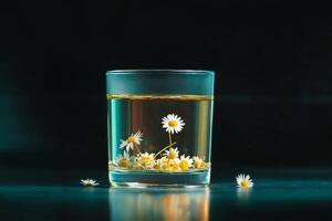 Herbal Tea in a Clear Glass Mug With Chamomile Flowers Floating and Green Leaves Surrounding. photo
