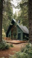 Unique Triangular Cabin Nestled in the Woods During Golden Hour Near a Serene Forest Setting. photo