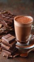 Rich Hot Chocolate Beverage With Chocolate Bars and Cocoa Powder on Rustic Background photo