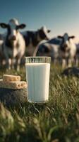 Cows Grazing in the Background With a Glass of Fresh Milk and Snacks on the Stone in a Farm Setting photo