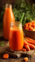 Freshly Made Carrot Juice in a Glass With Sliced Carrots on a Wooden Table. photo