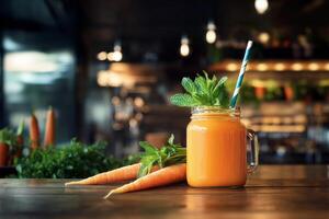 Fresh Carrot Juice Served in a Mason Jar With Mint Leaves and Carrots on Wooden Table photo