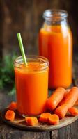 Freshly Made Carrot Juice in a Glass With Sliced Carrots on a Wooden Table photo
