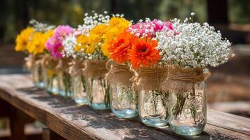 Colorful Flowers in Jars Arranged on Wooden Table in Sunny Outdoor Setting photo