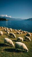 Grazing Sheep Along a Peaceful Lake in the Mountains on a Clear Day. photo
