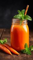 Fresh Carrot Juice With Mint in a Glass Jar on a Wooden Table photo