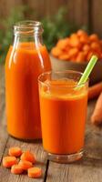 Freshly Prepared Carrot Juice With Whole Carrots on a Rustic Wooden Table in Natural Light. photo