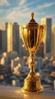 Golden Trophy Displayed Against a City Skyline During Sunset. photo