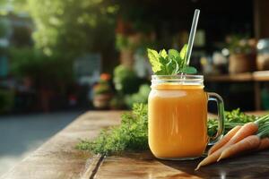 Fresh Carrot Juice Served in a Mason Jar With Mint Leaves on a Wooden Table in an Outdoor Setting photo