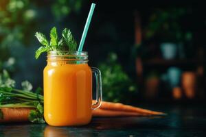 Fresh Carrot Juice Served in a Mason Jar With Mint Leaves and Carrots on Wooden Table. photo