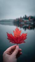 Hand Holding Vibrant Red Maple Leaf Near Tranquil Lake With Autumn Foliage in the Background photo