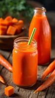 Freshly Prepared Carrot Juice With Whole Carrots on a Rustic Wooden Table in Natural Light photo