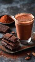 Rich Hot Chocolate Beverage With Chocolate Bars and Cocoa Powder on Rustic Background. photo