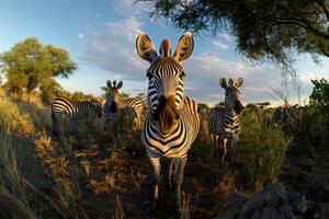 Zebras Roam Freely in the Savanna Under a Vibrant Sky During Golden Hour in Africa. photo