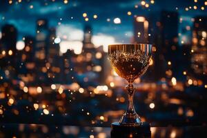 Sparkling Trophy Shines Bright Against a City Skyline at Night photo