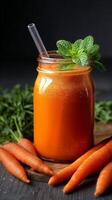 Fresh Carrot Juice With Mint in a Glass Jar on a Wooden Table. photo