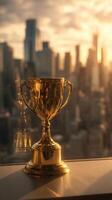 Golden Trophy Displayed Against a City Skyline During Sunset photo
