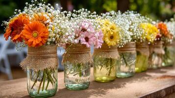 Colorful Flowers in Jars Arranged on Wooden Table in Sunny Outdoor Setting. photo