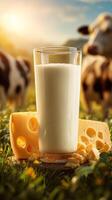 Cows Grazing in the Background With a Glass of Fresh Milk and Snacks on the Stone in a Farm Setting. photo