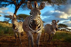 Zebras Roam Freely in the Savanna Under a Vibrant Sky During Golden Hour in Africa photo