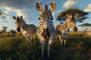 Zebras Gather in the Golden Light of a Savanna Landscape During Sunset photo