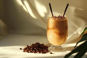 Delicious Coffee Drink With Chocolate Sprinkles and Straws on a Light Background photo