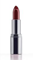 Deep Red Lipstick Stands Upright on a White Background for a Striking Beauty Presentation photo