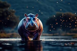 Hippo Emerges From Water at Sunset in a Serene Natural Habitat. photo