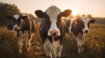 Cattle Grazing in Golden Sunset Light on a Tranquil Farm Landscape in Rural Countryside. photo