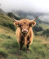 Highland Cow Stands in Misty Field With Rolling Hills in Background During Early Morning Light photo