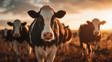 Cattle Grazing in Golden Sunset Light on a Tranquil Farm Landscape in Rural Countryside photo